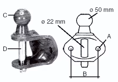 CHAPE D'ATTELAGE + BOULE K50 2 TROUS Ø 16