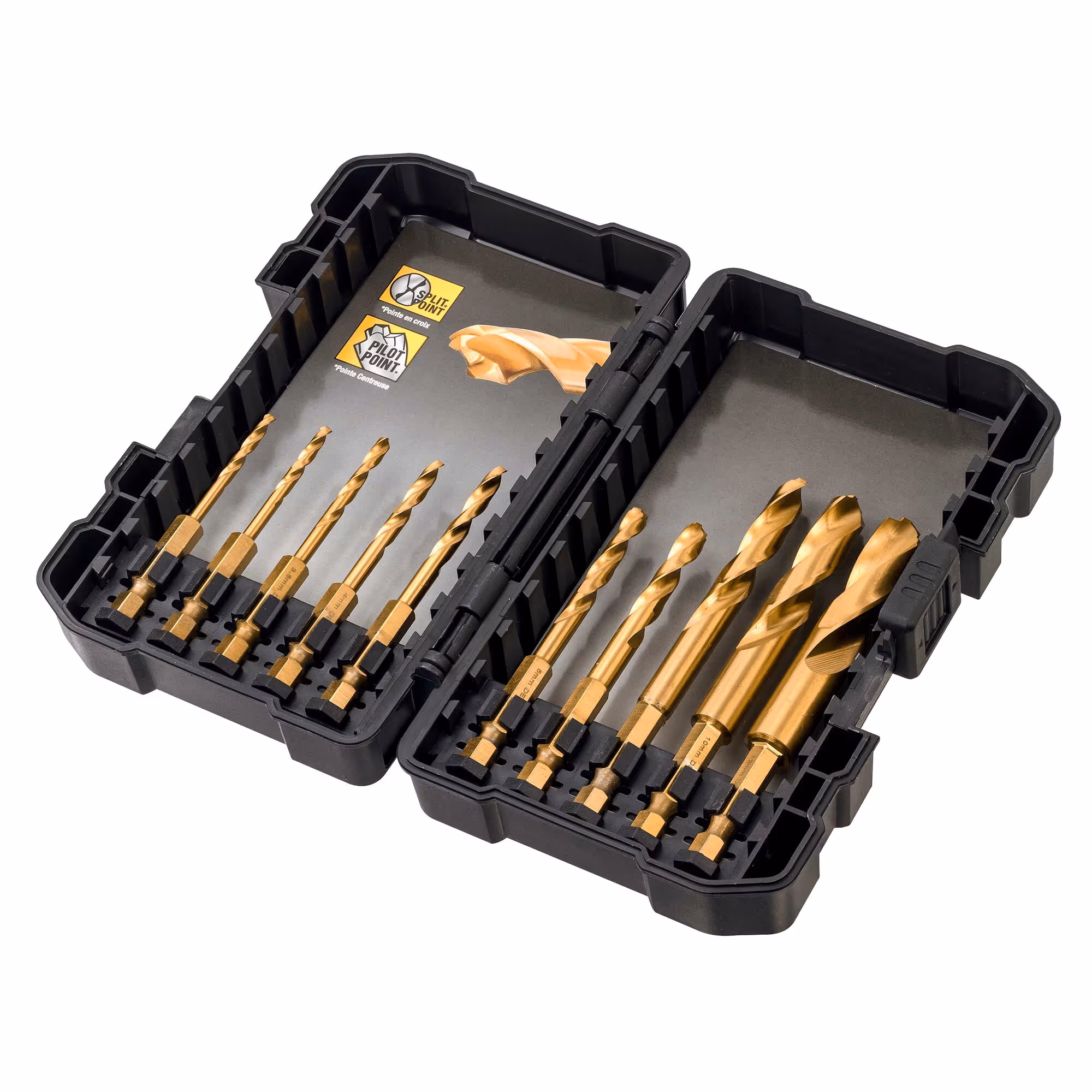 Coffret plastique de 10 forets métal HSS-Tin pour visseuses à choc diamètre : 3, 3, 2, 3, 5, 4, 4, 5, 5, 6, 8, 10, 12 mm