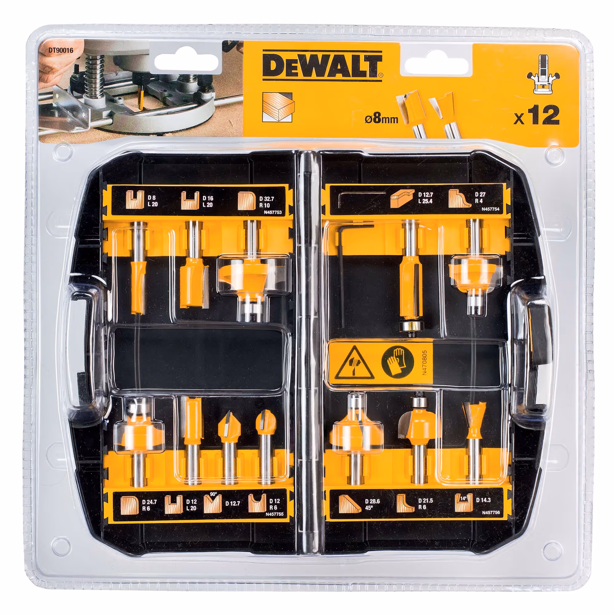 Coffret de 12 fraises de défonceuse diamètre 8 mm : D12 R6, D12.7 90°, D14.3 14°, D21,5 R6, D27 R4, D28.6 45°, D8 L20, D12 L20, D16 L20, D12.7 L25,4, D24.7 R6, D32.7 R10 