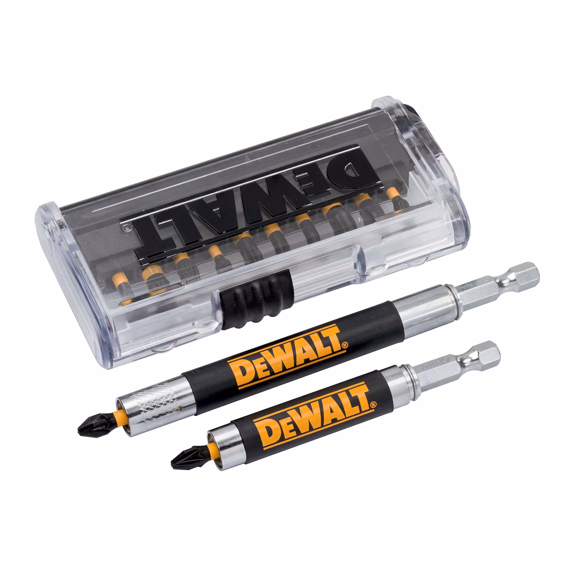 Coffret 14 pièces avec embouts de vissage impact-torsion 25 mm : PH1, PH2, PH3, PZ1, PZ2 x 3, PZ3, PL6, T20, T25, T30 + 2 porte-embouts magnétiques 85 mm et 125 mm