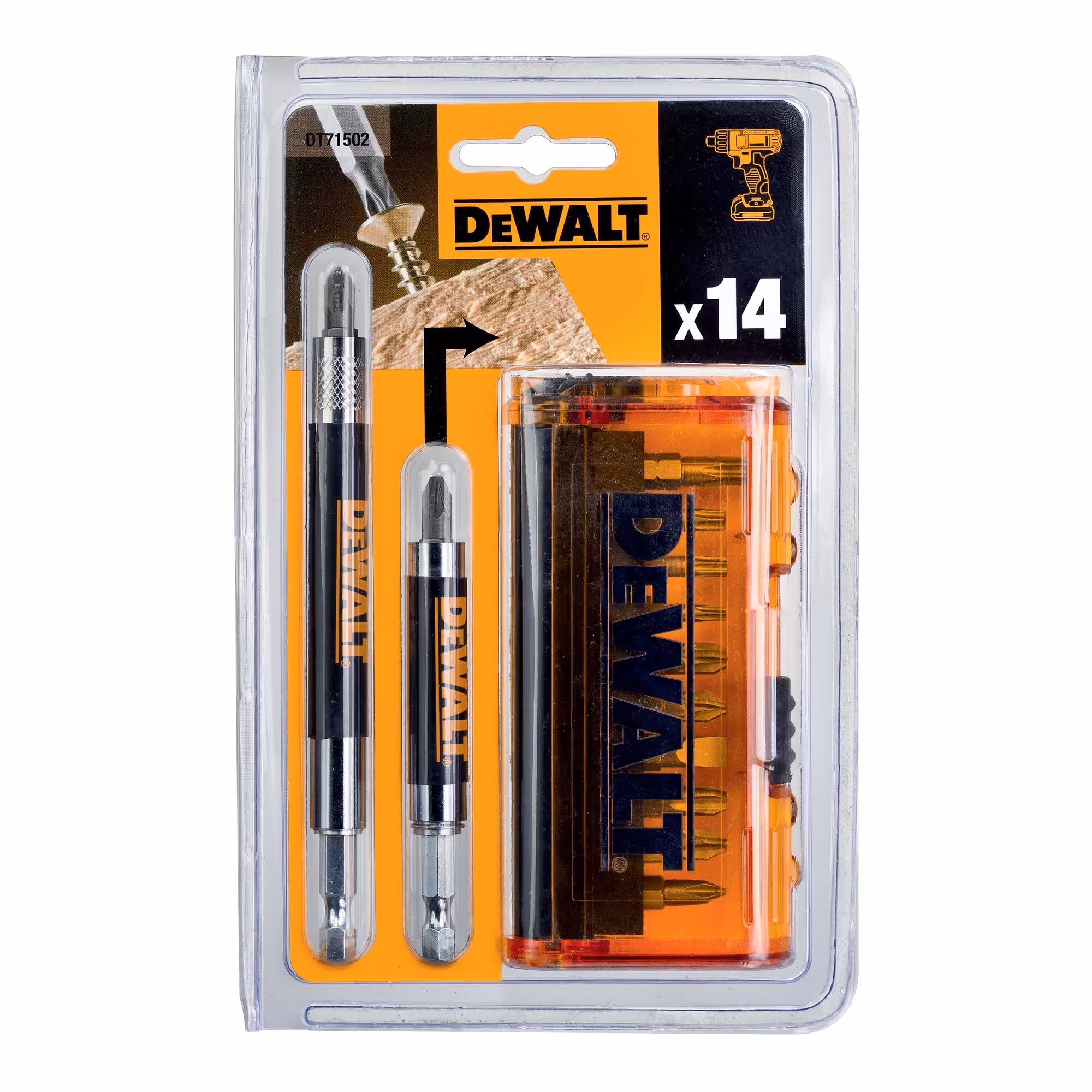 Coffret de 14 pièces avec embouts de vissage 25 mm : PH1, PH2, PH3, PZ2 x3, PZ3, PL6, T15, T20, T25, T30 + 2 porte-embouts magnétiques 85 mm et 125 mm, livré sur 2 clip strips / 5 coffrets par clip strip