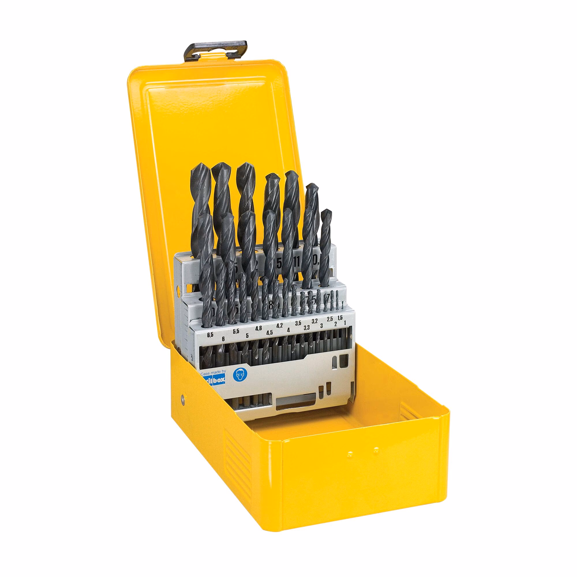 Coffret de 29 forets métal HSS-R diamètre : 1 - 1,5 - 2 - 2,5 - 3 - 3,2 - 3,3 - 3,5 - 4 - 4,2 - 4,5 - 4,8 - 5 - 5,5 - 6 - 6,5 - 7 - 7,5 - 8 - 8,5 - 9 - 9,5 - 10 - 10,5 - 11 - 11,5 - 12 - 12,5 - 13 mm