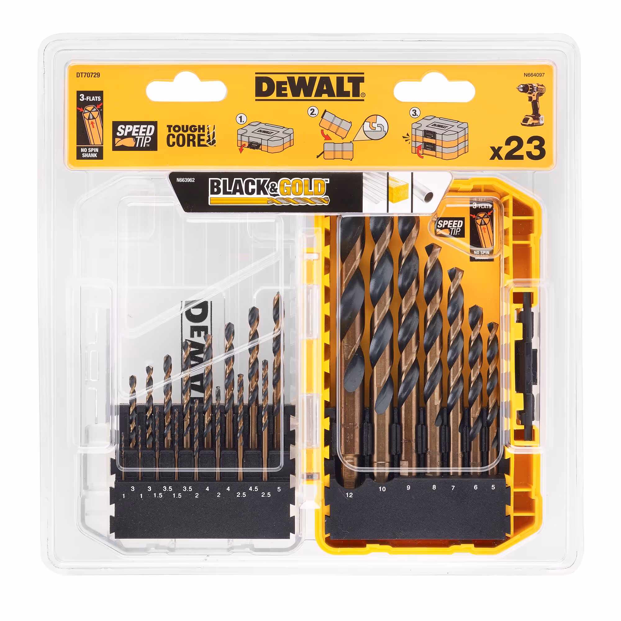 Coffret Black&Gold 23 pièces : 1 x 2 - 1,5 x 2 - 2 x 2 - 2,5 x 2 - 3 x 2 - 3,5 x 2 - 4 x 2 - 4,5 - 5 x 2, 6, 8, 9, 10 et 12 mm