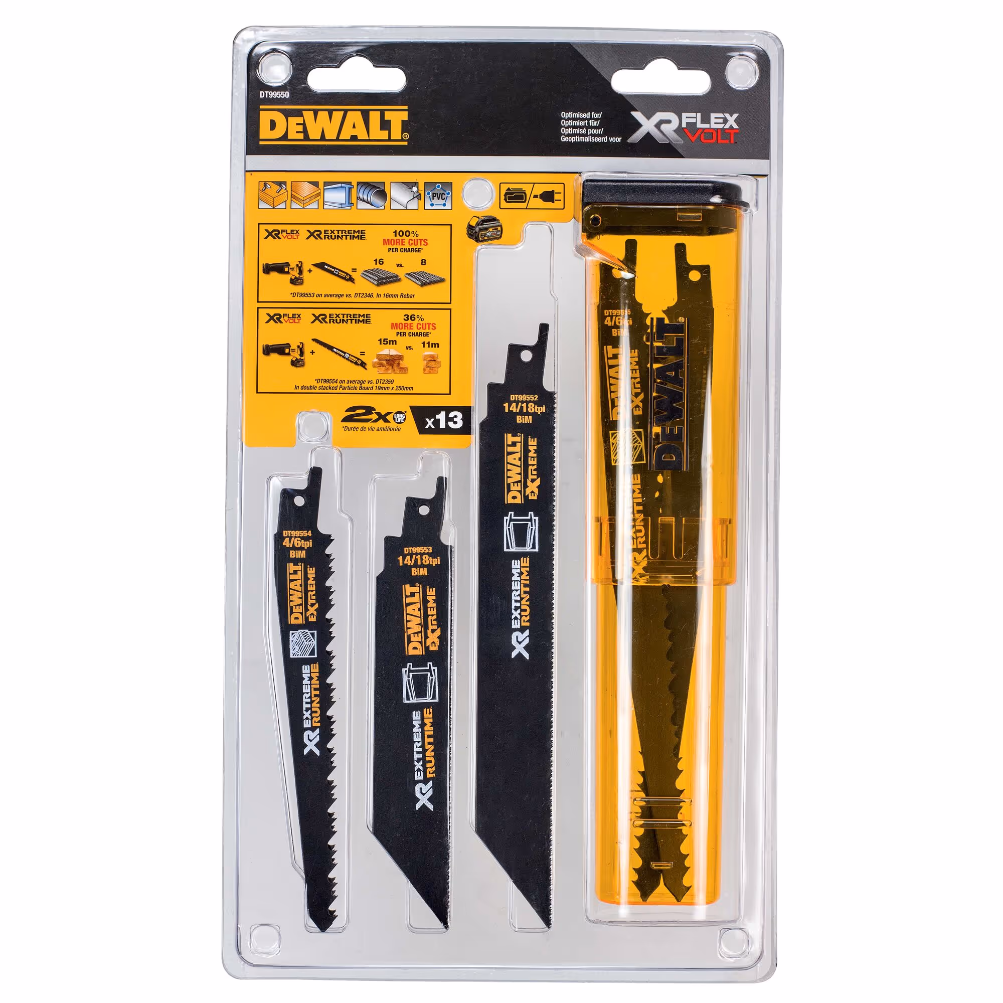 Coffret de 13 lames de scie sabre XR Runtime pour la coupe du bois et du métal 152-230 mm