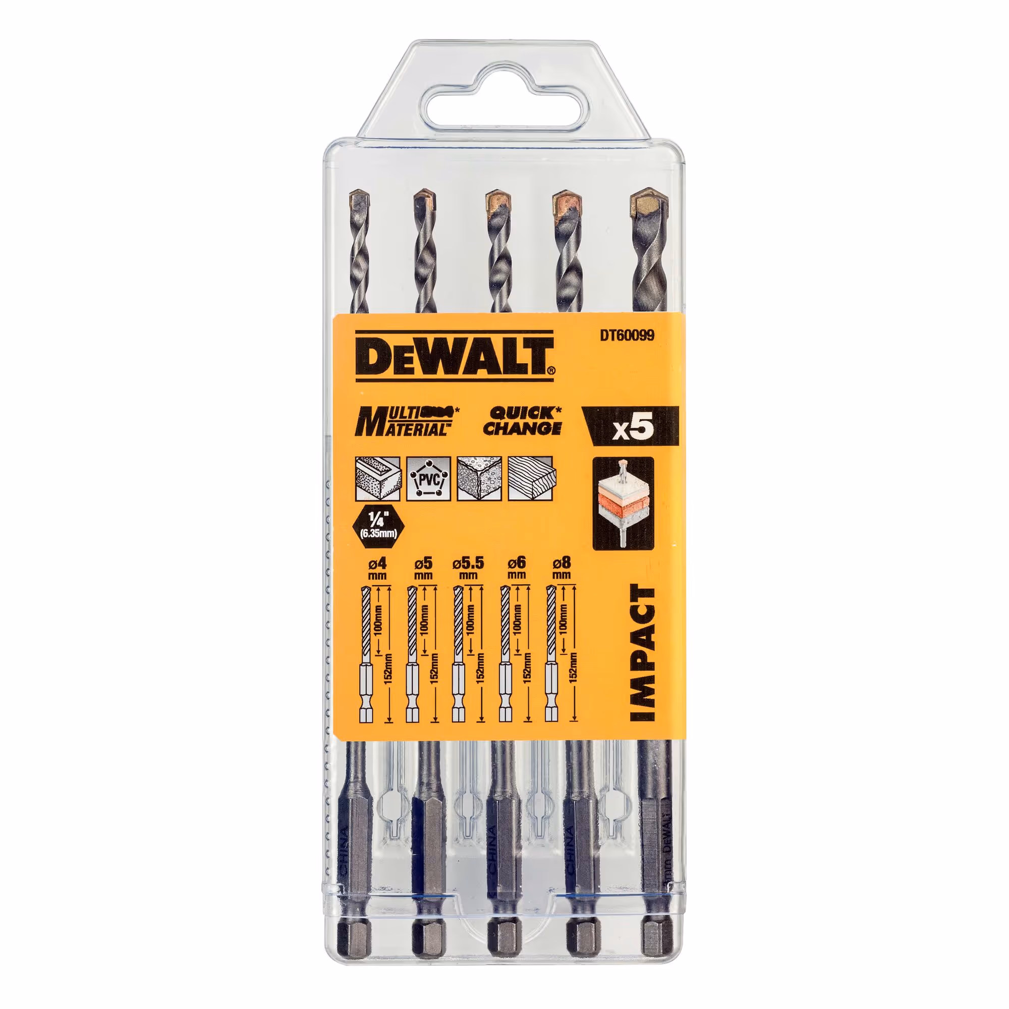 Coffret de 5 forets multi-matériaux impact diamètre : 4 - 5 - 5,5 - 6 - 8 mm
