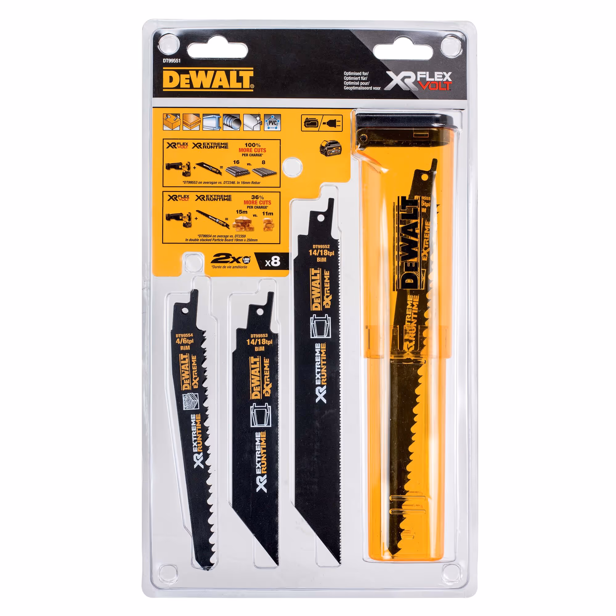 Coffret de 8 lames de scie sabre XR Runtime pour la coupe du bois et du métal 152-230 mm