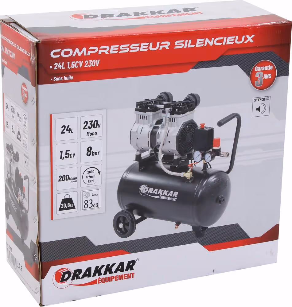 COMPRESSEUR SILENCIEUX 24L 8 BARS 1.5CV - SANS HUILE