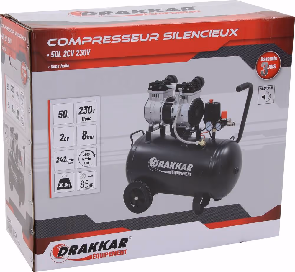 COMPRESSEUR SILENCIEUX 50L 8 BARS 2CV - SANS HUILE