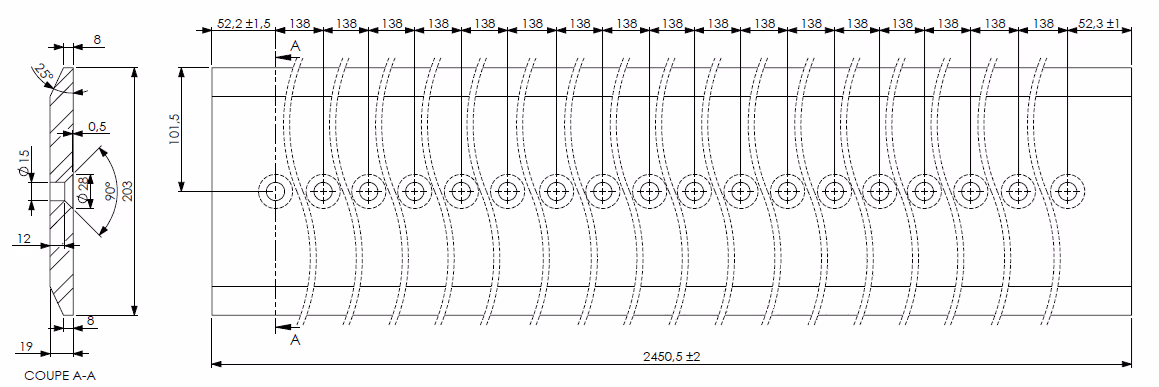 Contre lame lame percee 203x19 400 hb lg 2450 18 percages