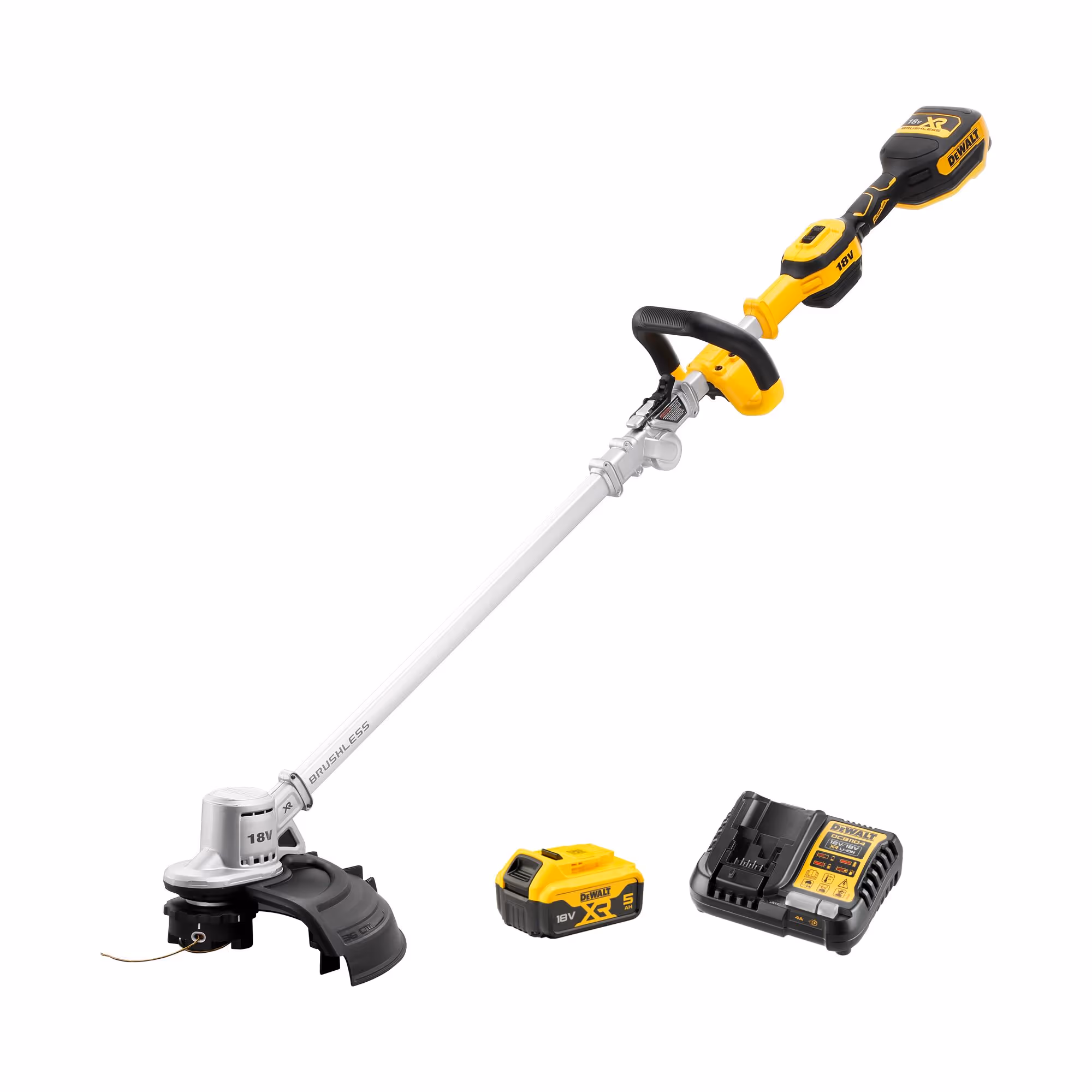 Coupe-bordure repliable XR 18 V 5 Ah Li-Ion Brushless - largeur de coupe (cm) : 36 / arbre : repliable / régime à vide (tr/min) : 0-4600/6000 / épaisseur du fil (mm) : 2 / système d’alimentation fil : frappe au sol - 1 batterie, chargeur 