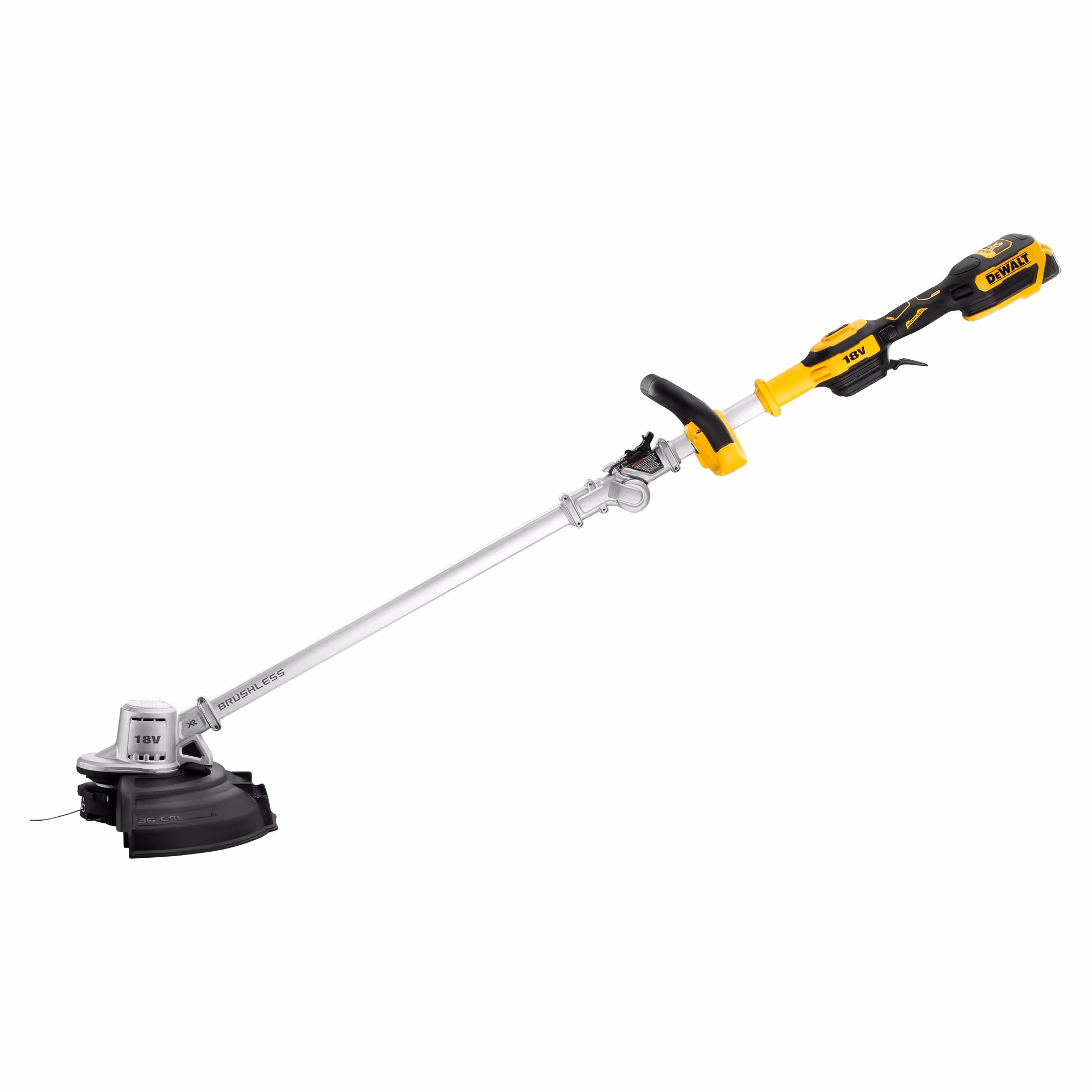 Coupe-bordure repliable XR 18 V 5 Ah Li-Ion Brushless - largeur de coupe (cm) : 36 / arbre : repliable / régime à vide (tr/min) : 0-4600/6000 / épaisseur du fil (mm) : 2 / système d’alimentation fil : frappe au sol - 1 batterie, chargeur 
