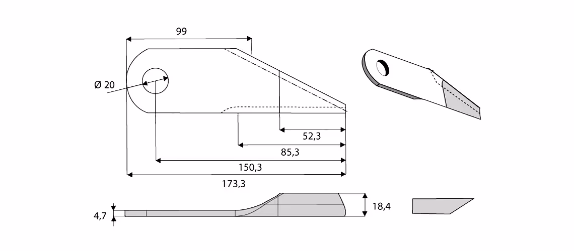 Couteau de broyeur lisse à ailette droit New Holland 87384920