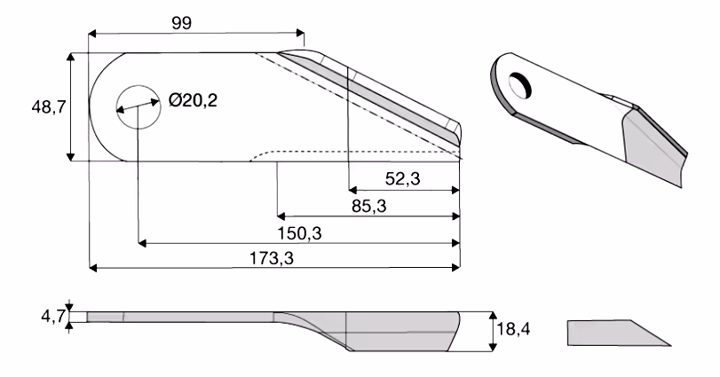 Couteau de broyeur lisse à ailette gauche New Holland 87384918