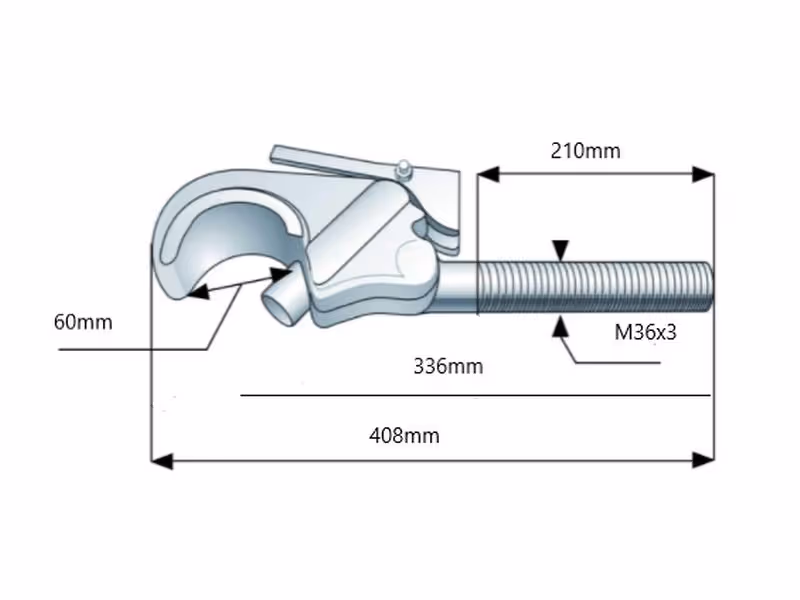 Crochet barre de poussée fileté - Cat. 3 (Ø32mm), Filetage: M36 x 3.00 - Droit - ref ACP0411120