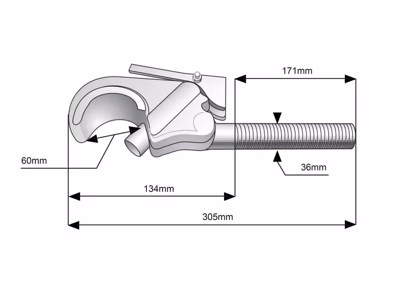 Crochet barre de poussée fileté - Cat. 3 (Ø32mm), Filetage: M36 x 3.00 - Droit - adaptable sur tracteurs Massey Ferguson