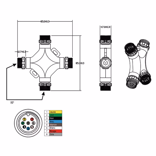 Demultiplicateur en croix 4 connexions rapides males 8 pin techni-power