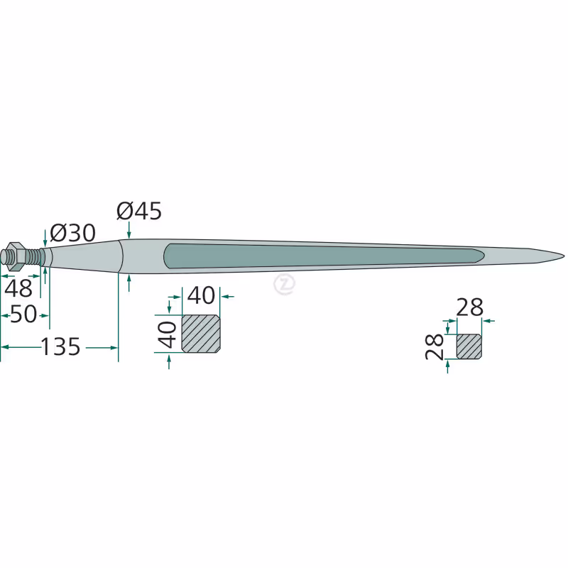 Dent de chargeur droite 820 mm 44 mm Adaptable