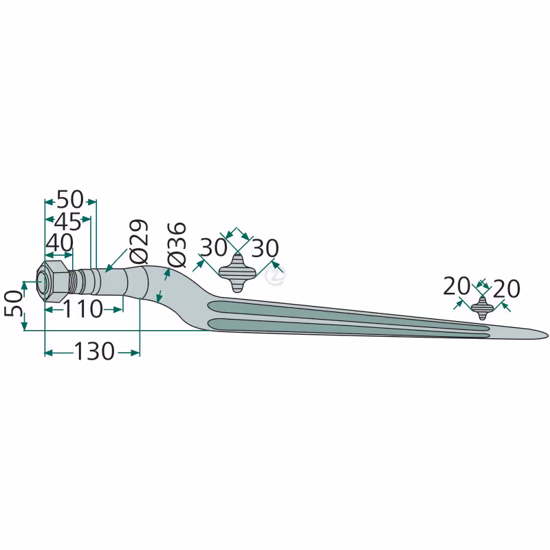Dent de chargeur coudée 880 mm 36 mm Adaptable