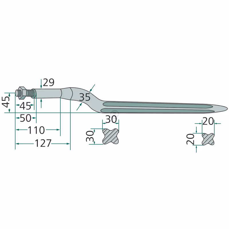 Dent de chargeur coudée 880 mm 36 mm Adaptable