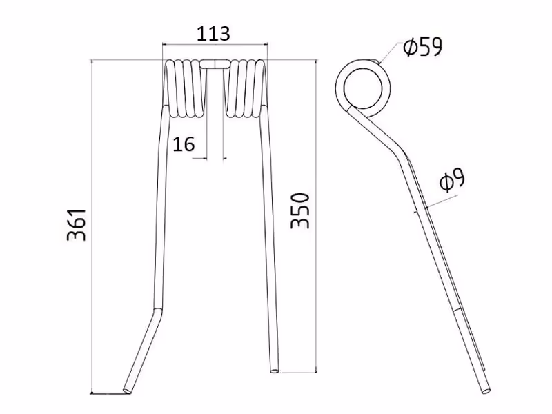 Dent de Faneuse - Droit - Longueur: 361mm, Largeur: 113mm, Ø9mm - Remplacement pour PZ, Fransgard, Pottinger, Sitrex Correspond à: PZ106 - Vendu par 20
