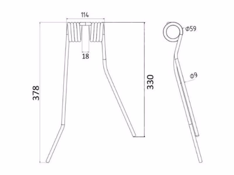 Dent de Faneuse - Droit - Longueur: 378mm, Largeur: 114mm, Ø9mm - Remplacement pour PZ, Fransgard, Pottinger, Sitrex Correspond à: PZ111 - Vendu par 20