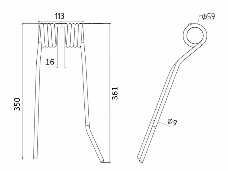 Dent de Faneuse - Gauche - Longueur: 361mm, Largeur: 113mm, Ø9mm - Remplacement pour PZ, Fransgard, Pottinger, Sitrex Correspond à: PZ107 - Vendu par 20