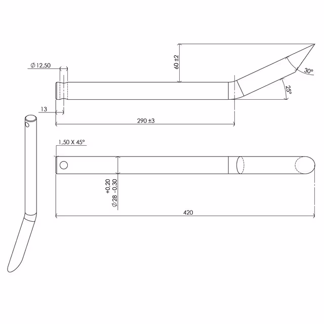 Dent de fourche ø28 lg 420 pliee percee ø12.5