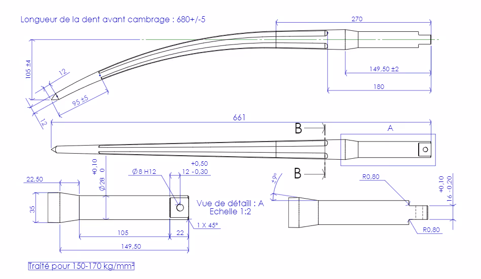 Dent de fourche Ø35 L680 mm Agram