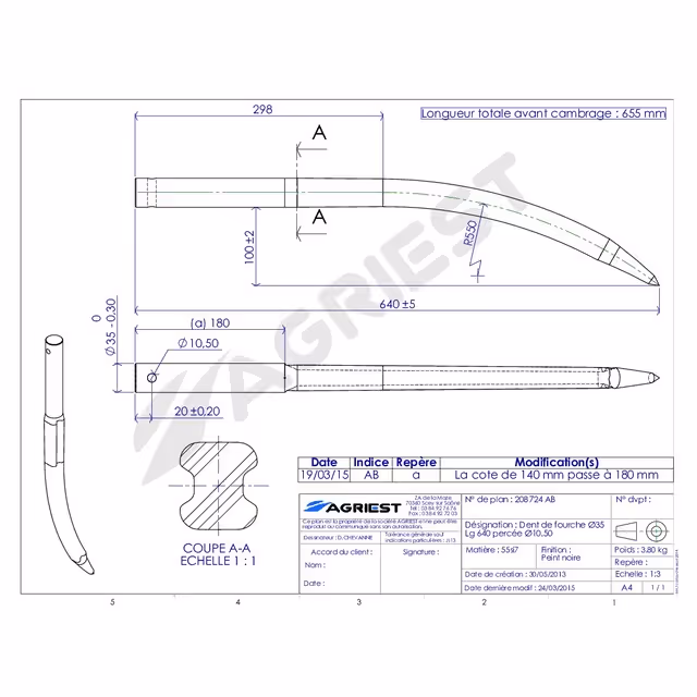 Dent de fourche ø35 lg 640 courbee percee ø10,5
