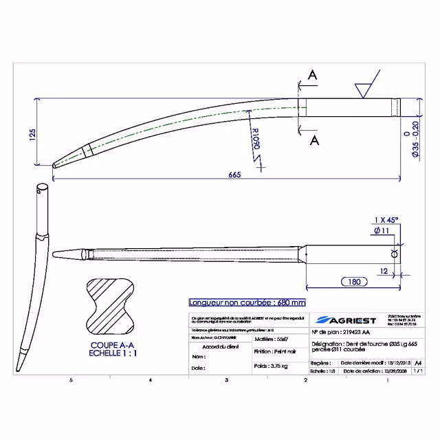 Dent de fourche ø35 lg 665 courbee percee ø11