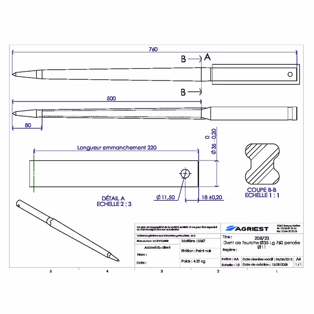 Dent de fourche ø35 lg 760 percee ø11