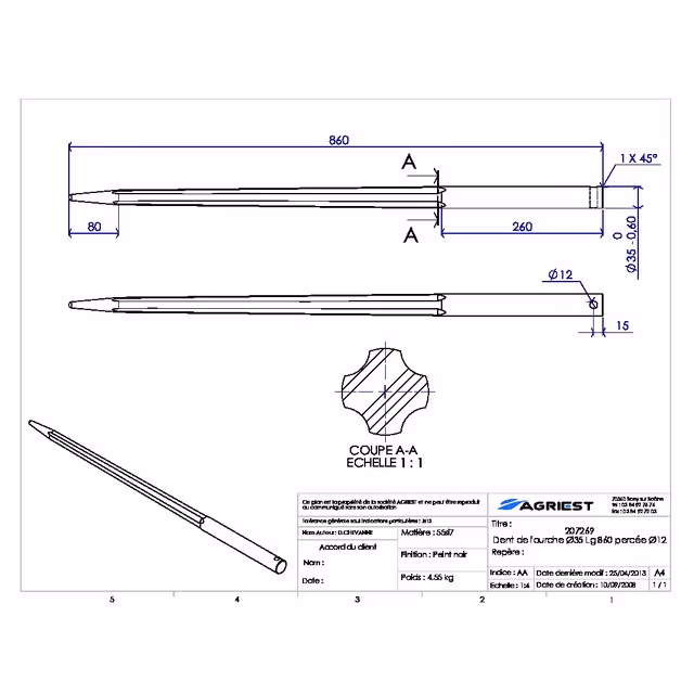 Dent de fourche ø35 lg 860 percee ø12