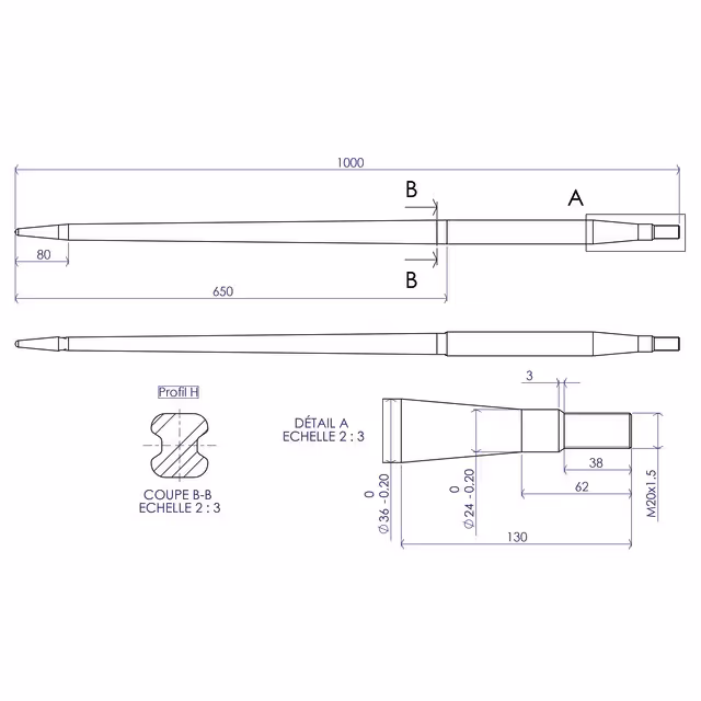 Dent de fourche ø36 lg 1000 m20x1.5 cl ll profil h