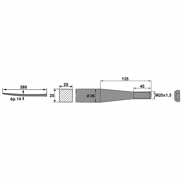Dent de fourche ø36 lg 1100 m20x1.5 a spatule