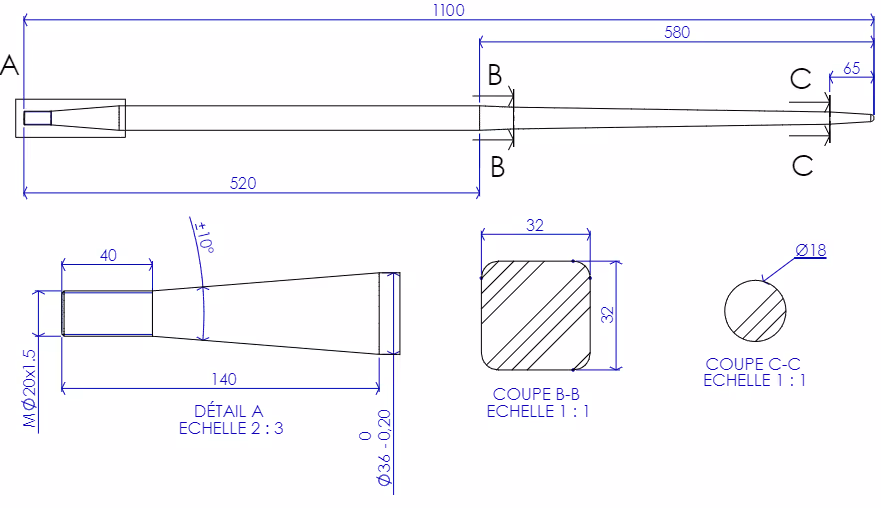 DENT DE FOURCHE Ø36 LG 1100 M20X1.5 CL PROFIL CARRE