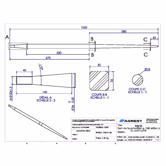 Dent de fourche ø36 lg 1250 m20x1.5 cl profil carre
