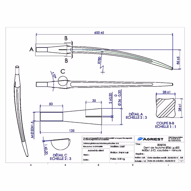 Dent de fourche ø36 lg 600 m20x1.5 cl courbee+nervure