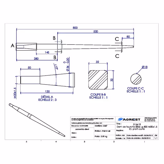 Dent de fourche ø36 lg 800 m20x1.5 cl profil carre