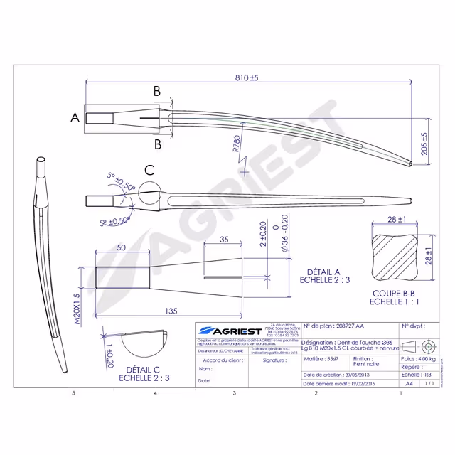 Dent de fourche ø36 lg 810 m20x1.5 cl courbee+nervure