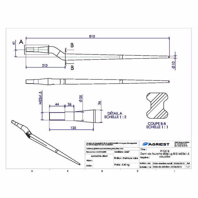Dent de fourche ø36 lg 810 m22x1.5 profil h coudee
