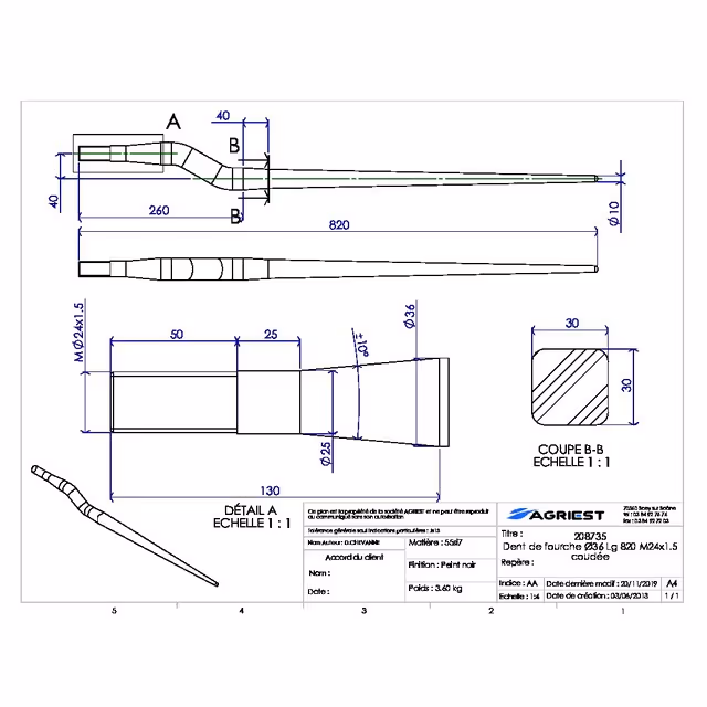 Dent de fourche ø36 lg 820 m24x1.5 profil carre coudee