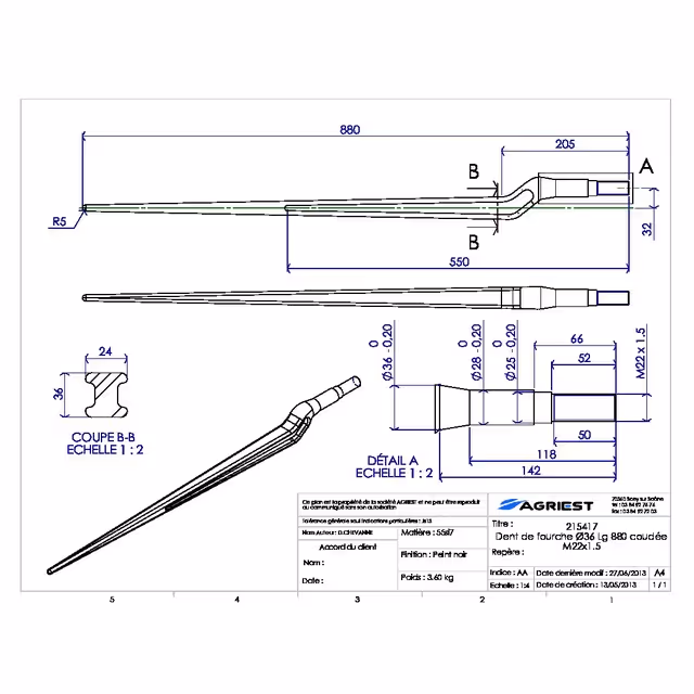 Dent de fourche ø36 lg 880 m22x1.5 profil h coudee