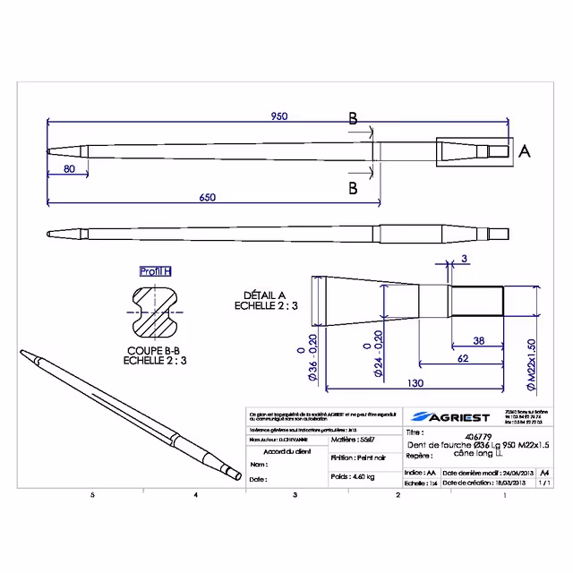 Dent de fourche ø36 lg 950 m22x1.5 cl ll profil h