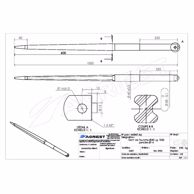Dent de fourche ø38-40 lg 1000 percee ø14 av tenon ø15 prof h