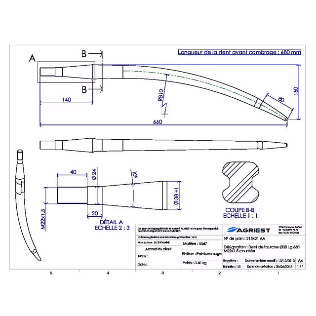 Dent de fourche ø38 lg 660 m22x1.5 courbee