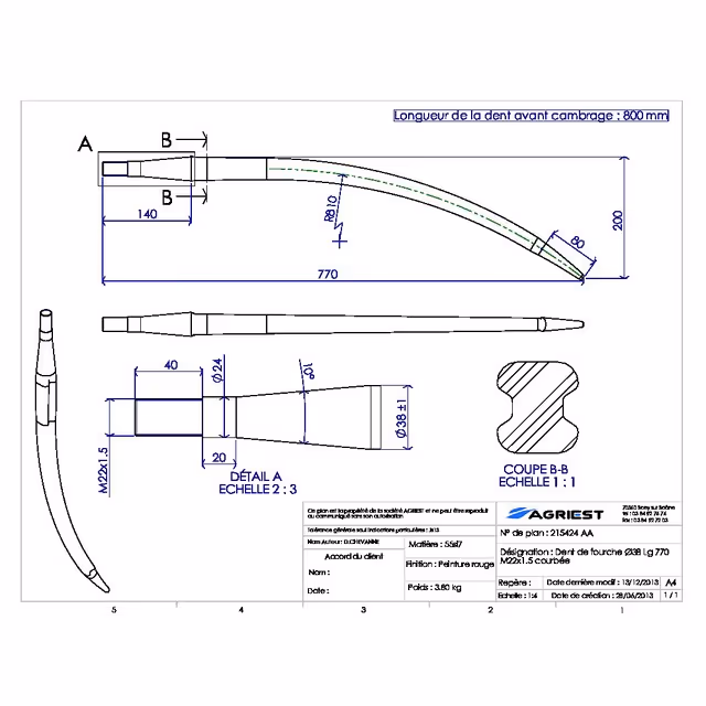 Dent de fourche ø38 lg 770 m22x1.5 courbee