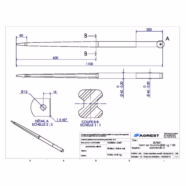 Dent de fourche ø42/40 lg 1100 percee ø12