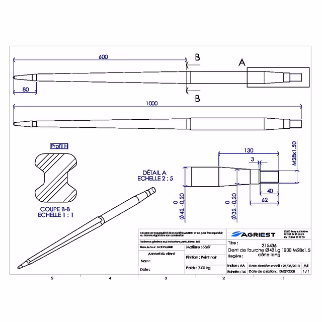 Dent de fourche ø42 lg 1000 m28x1.5 cl profil h