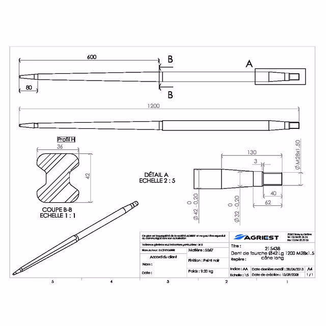 Dent de fourche ø42 lg 1200 m28x1.5 cl profil h