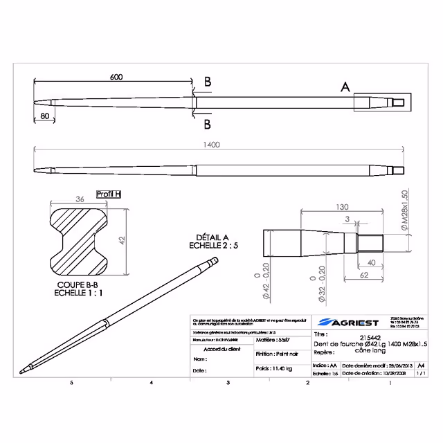 Dent de fourche ø42 lg 1400 m28x1.5 cl profil h